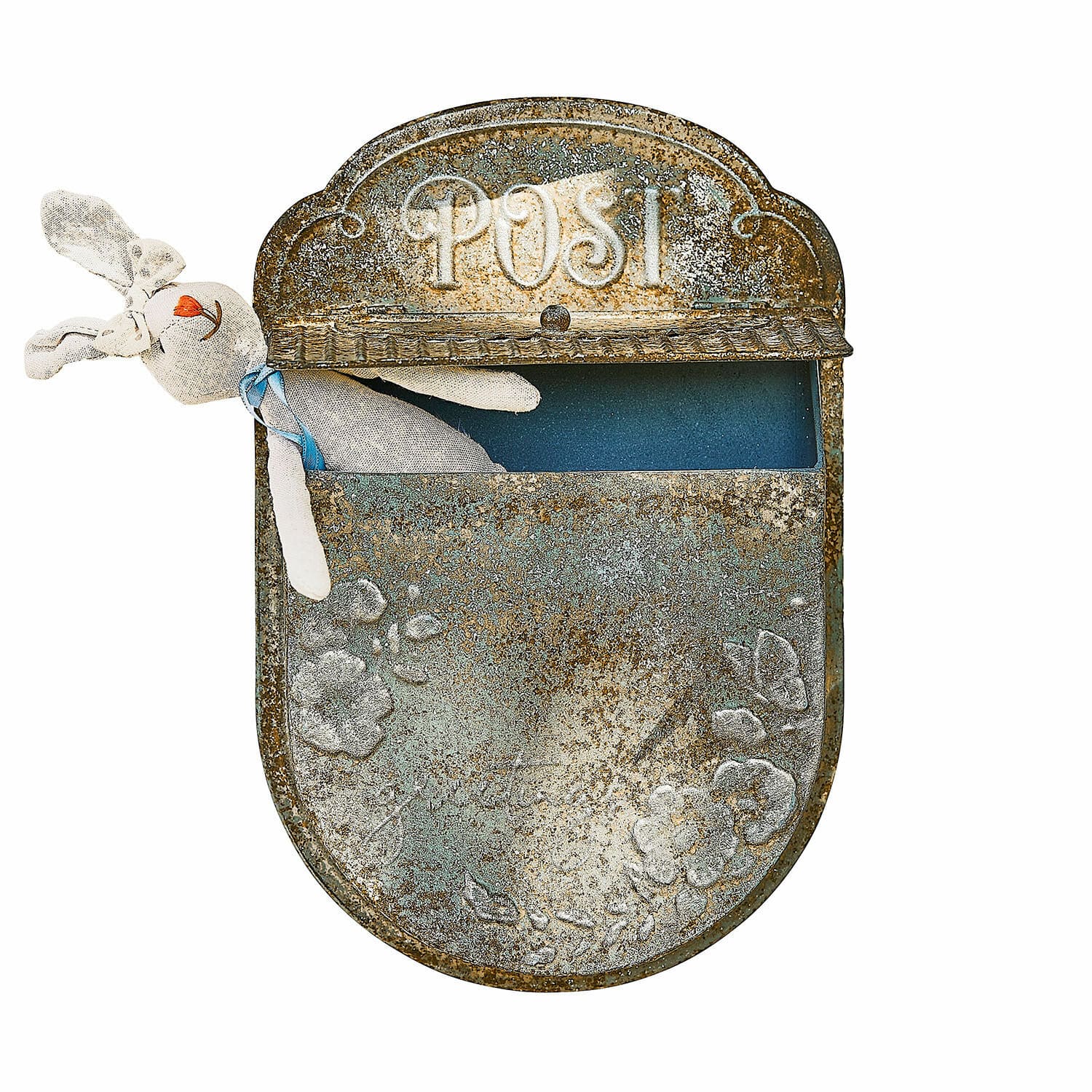 Boîte aux lettres Mimello Boîte aux lettres en métal vieilli avec inscription POST et un lapin en peluche à l'intérieur