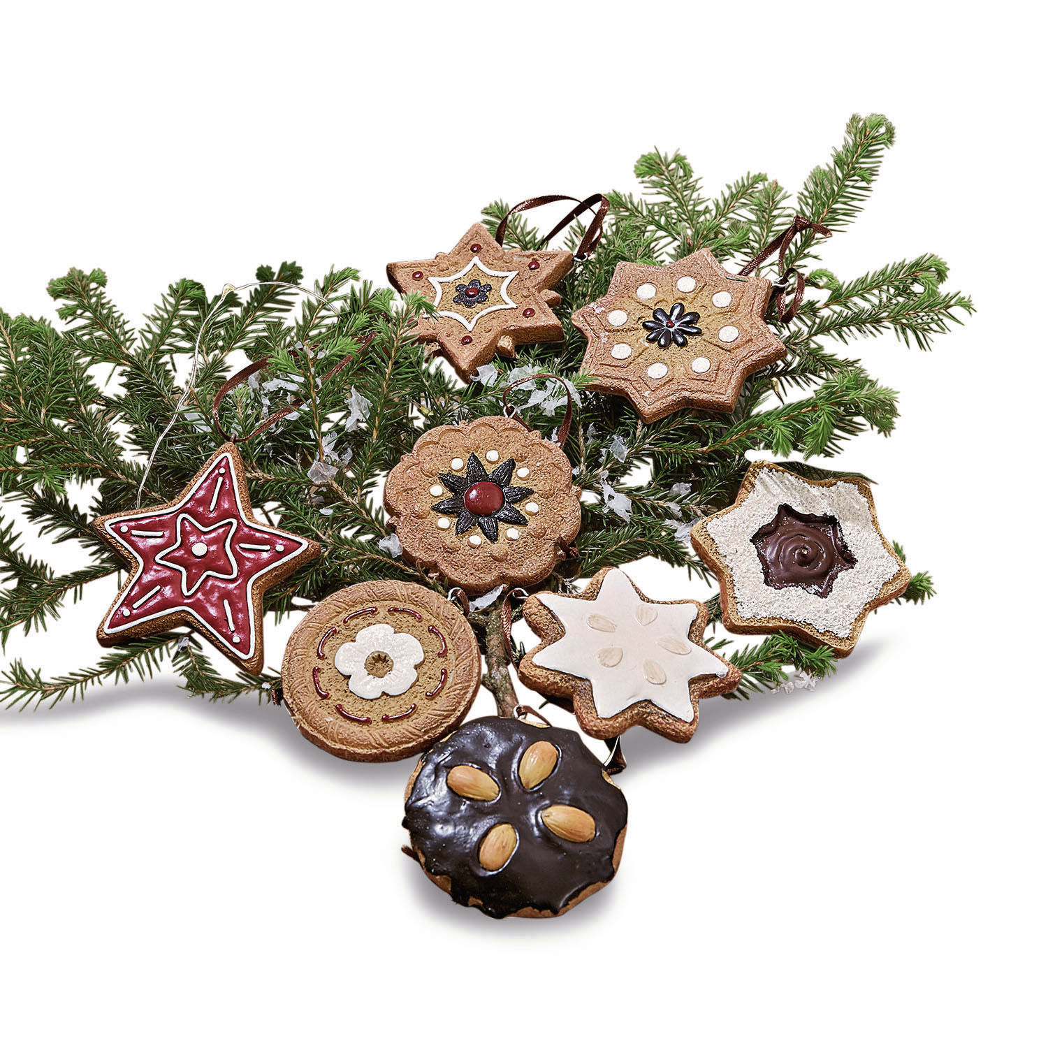 Lot de 8 suspensions Cibla Ensemble de décorations de Noël en forme de biscuits en matériau naturel sur branches de sapin