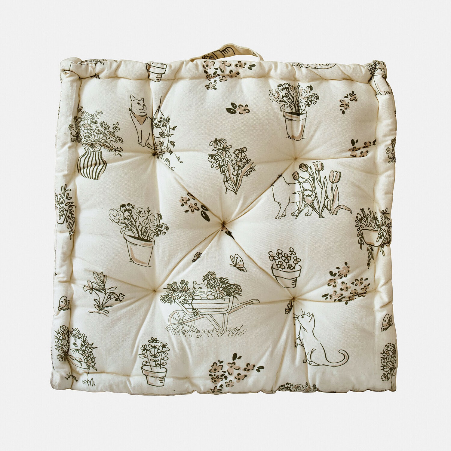 Kussen Orsélie Vierkante katoenen kussen in crème met planten- en kattenprint, decoratief en comfortabel voor stoelen