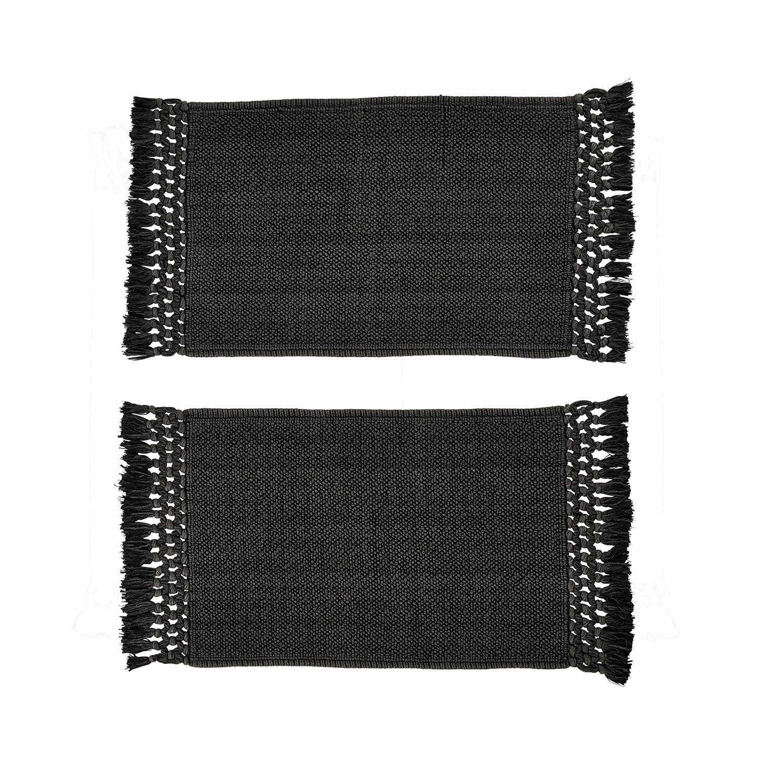 Lot de 2 tapis de bain noirs Faelwyn en coton avec franges, tapis doux et absorbants