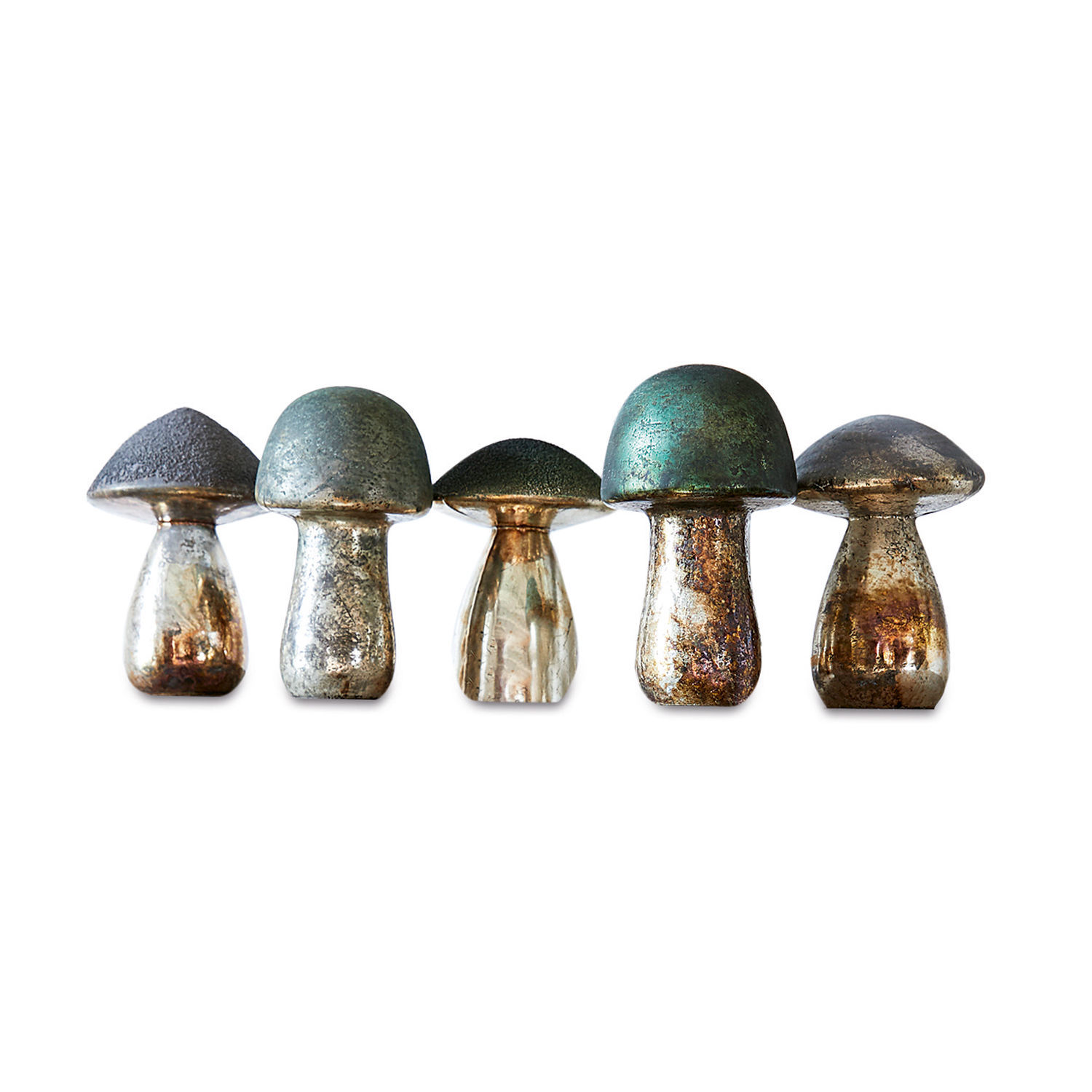 Lot de 5 champignons décoratifs Grana Champignons décoratifs en métal argenté et vert pour décoration intérieure et jardin