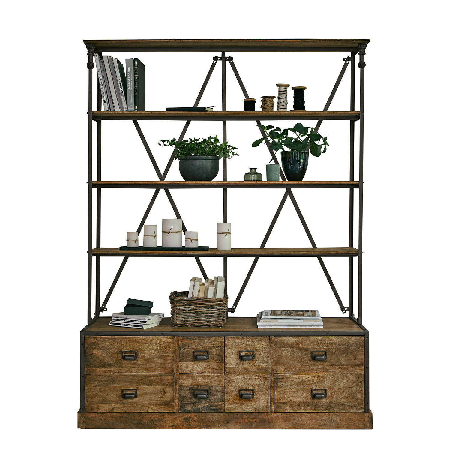 Étagère Lemuel Étagère en bois et métal marron avec tiroirs et étagères pour livres et décorations