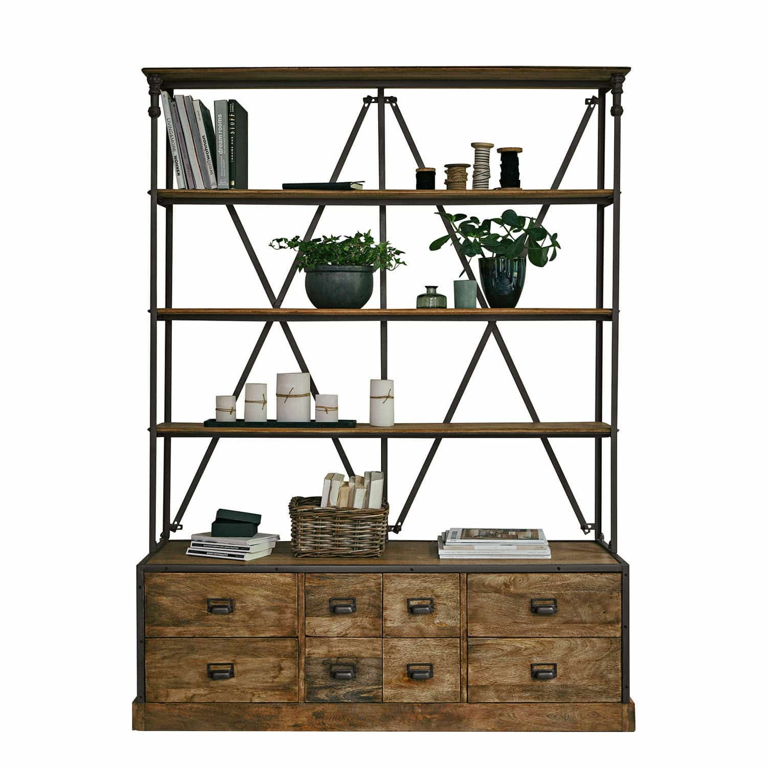 Wandrek Lemuel Rek van bruin hout en metaal met lades en planken voor boeken en decoratie