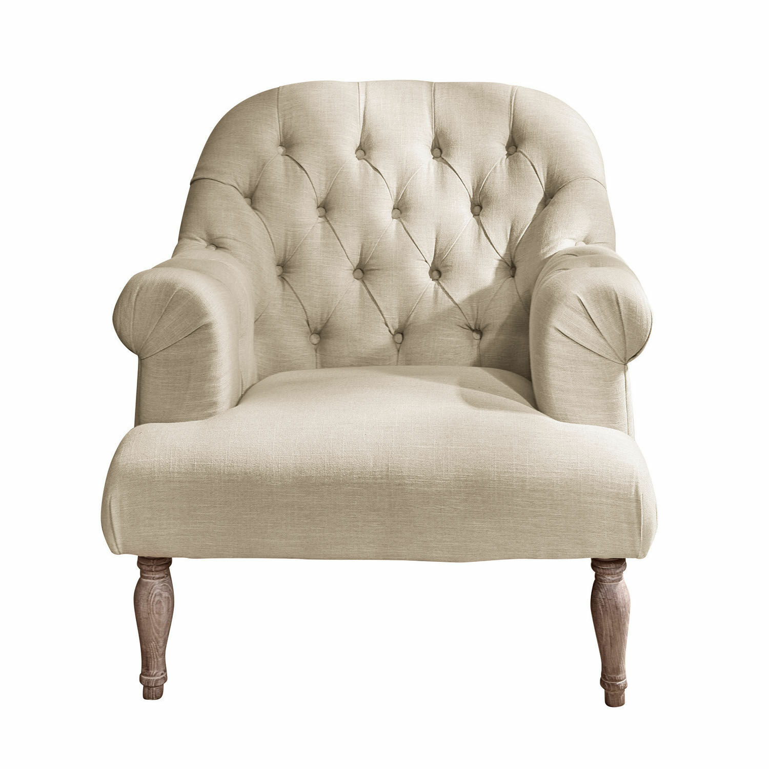 linnen Shambrook fauteuil van beige linnen met gestikte rugleuning en houten poten in vintage stijl