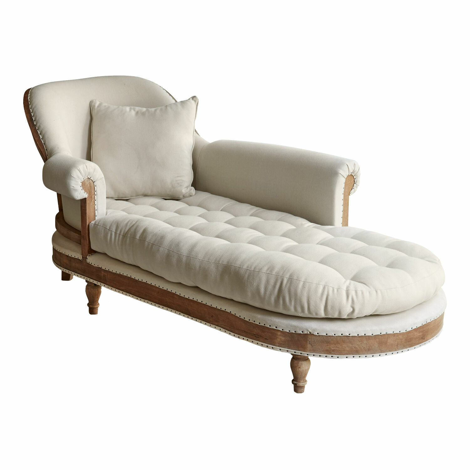 Chaise longue Queyranne Elegante chaise longue met beige stof en houten frame, comfortabele woonkamermeubel