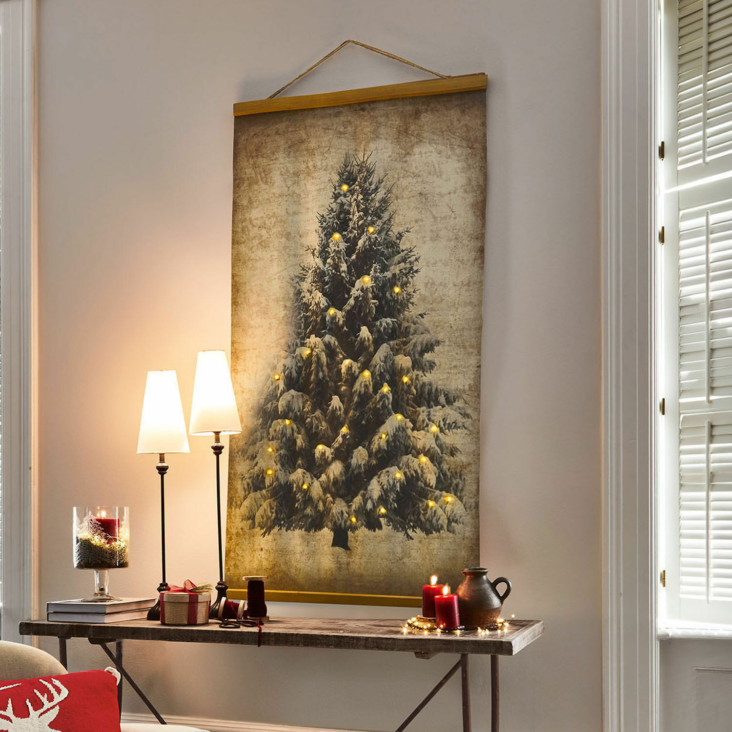 Afbeelding met ledlampjes Gussers Decoratief wanddoek met kerstboom en warme LED-lichtjes in vintage stijl voor woonkamer