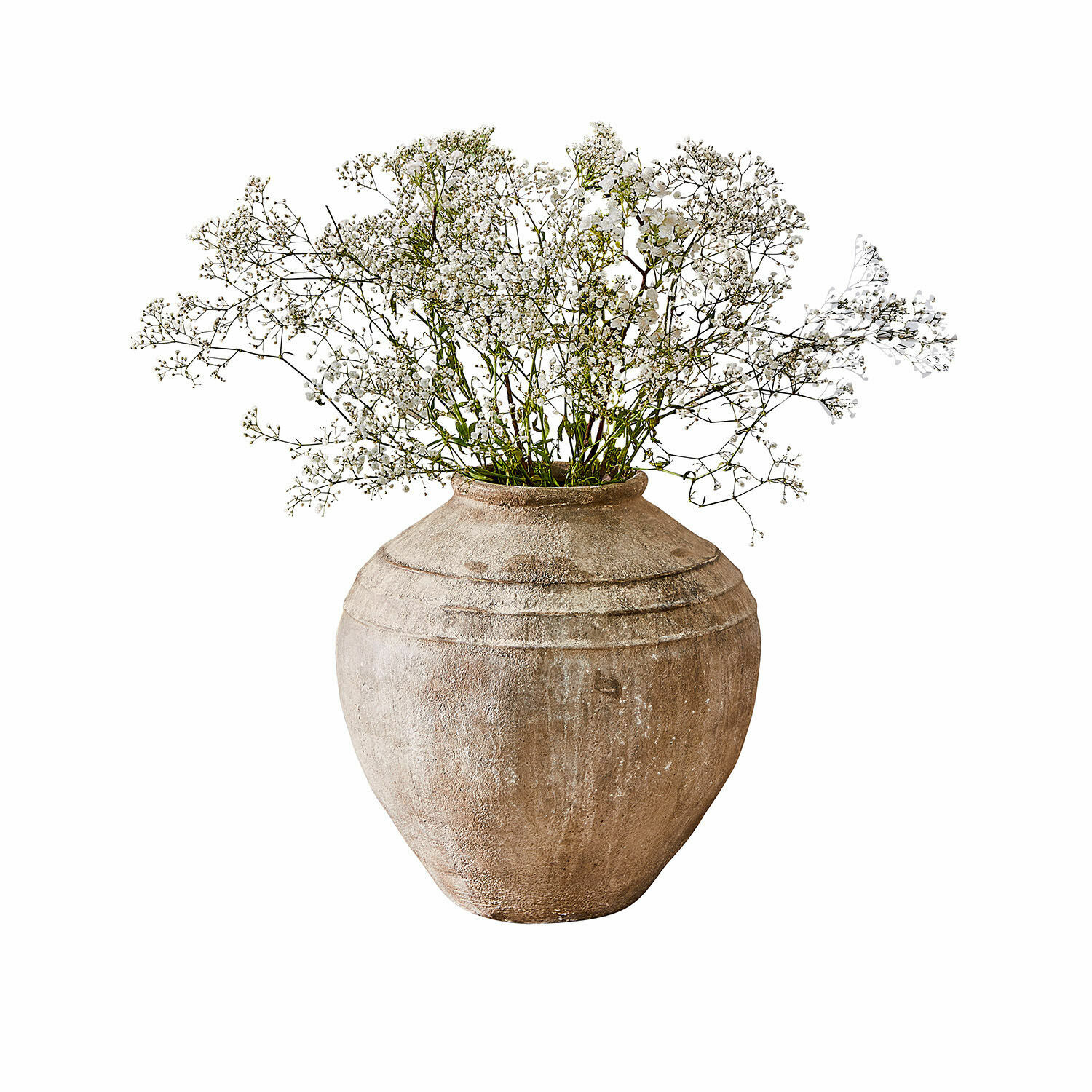 Vaas Lanster Grote beige keramische vaas met fijne witte decoratieve bloemen voor interieurdecoratie