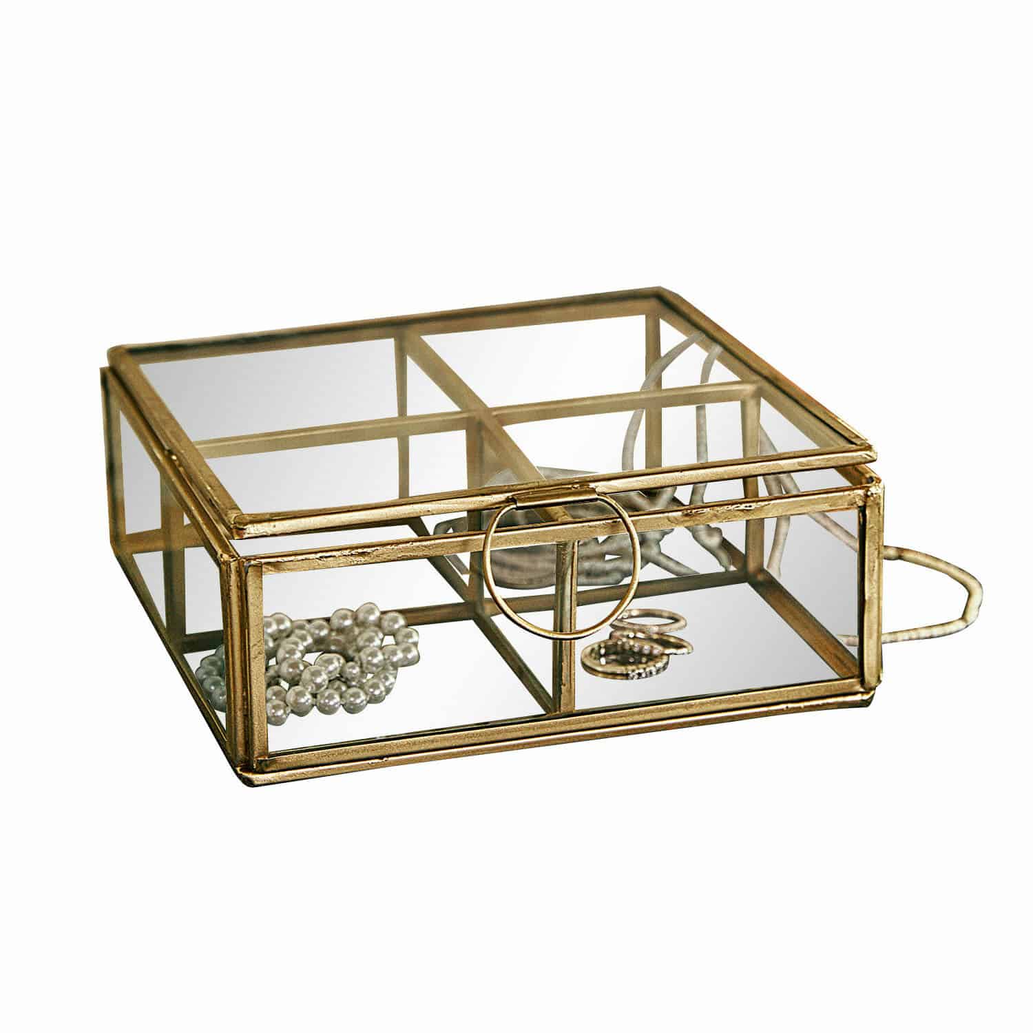 Opbergdoosje Moselle Glazen sieradendoos met metalen frame in antiek goud en vakken voor kleine accessoires