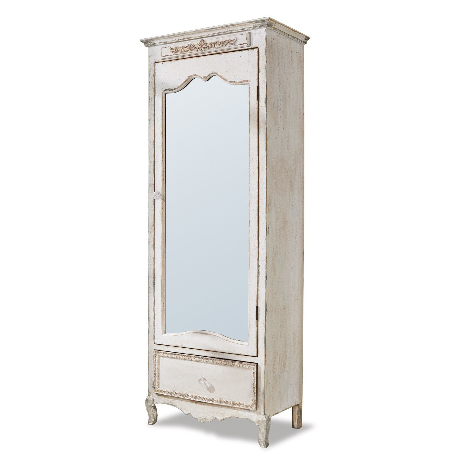 Armoire Lucgarier Armoire haute en bois blanc style vintage avec miroir et tiroir orné de détails décoratifs