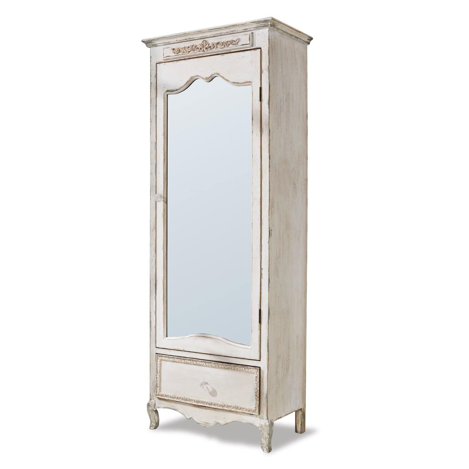 Armoire Lucgarier Armoire haute en bois blanc style vintage avec miroir et tiroir orné de détails décoratifs