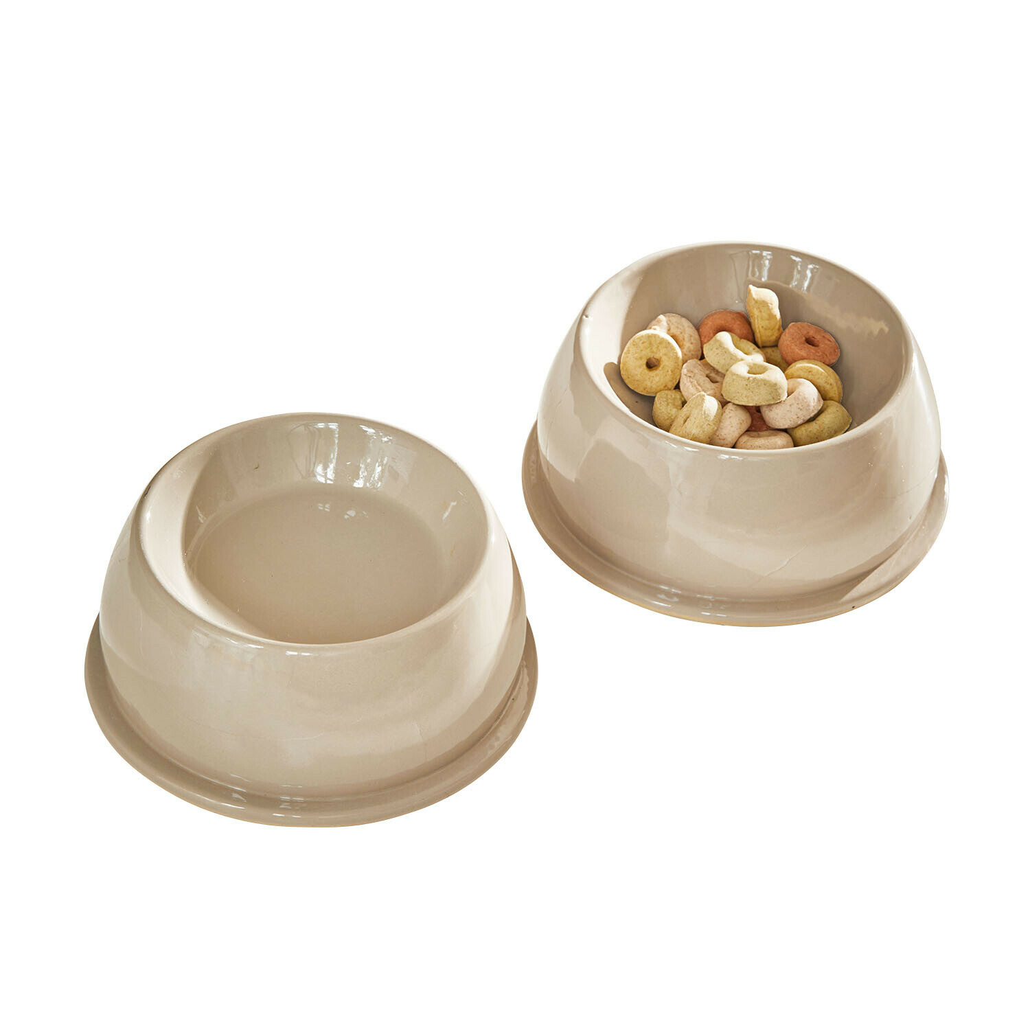 Voerbakje set van 2 Kireva Beige keramische dierenkommen, één gevuld met droogvoer, de ander leeg, praktische hondenaccessoires