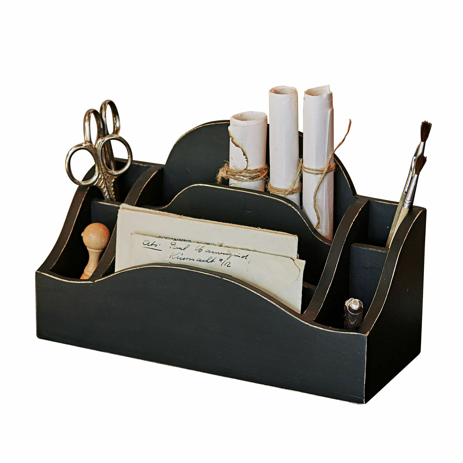 Organiseur Jaina Organisateur de bureau en bois noir avec compartiments pour ciseaux, pinceaux et documents, pratique et élégant