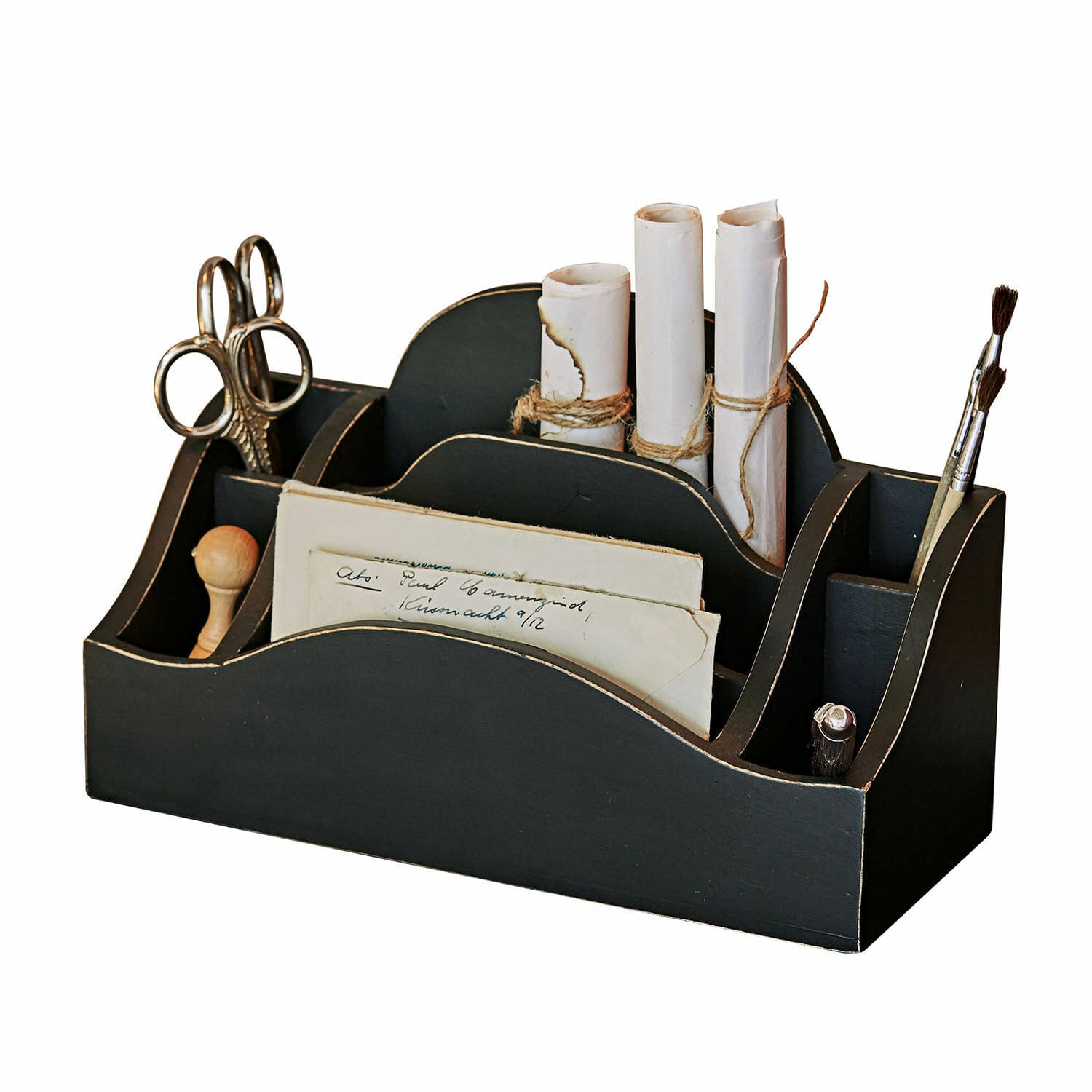 Organiseur Jaina Organisateur de bureau en bois noir avec compartiments pour ciseaux, pinceaux et documents, pratique et élégant
