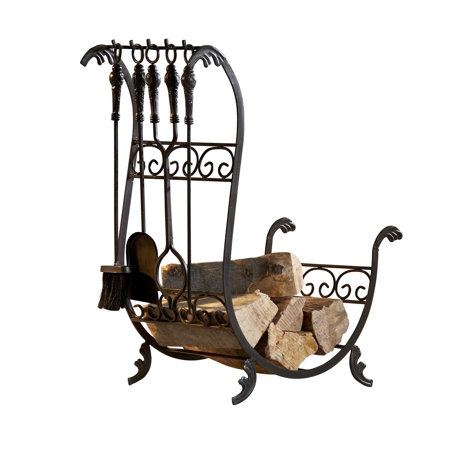 Serviteur de cheminée Stirling Porte-bûches en métal noir avec outils de cheminée et bûches de bois empilées