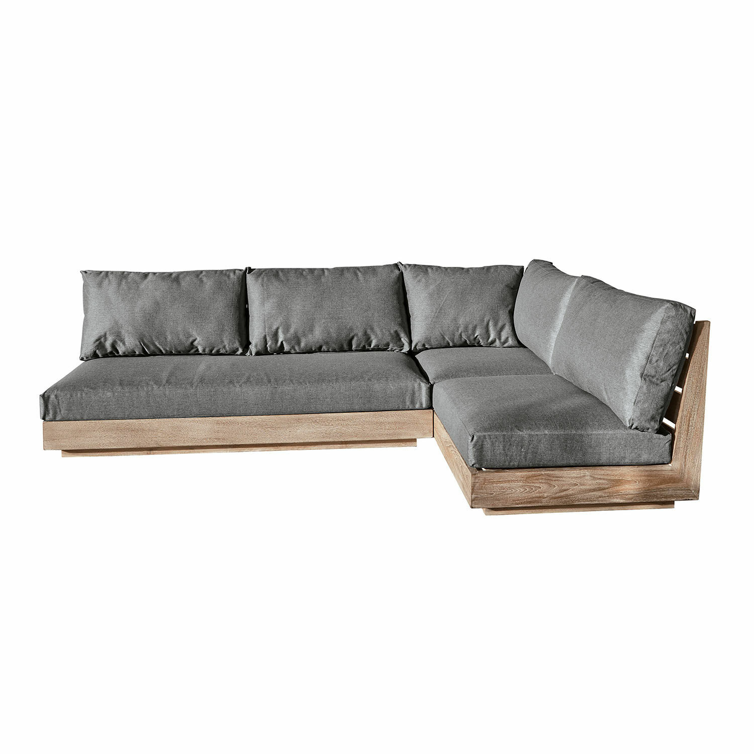 Canapé d'angle Courtelevant gris avec cadre en bois marron, meuble moderne pour salon confortable