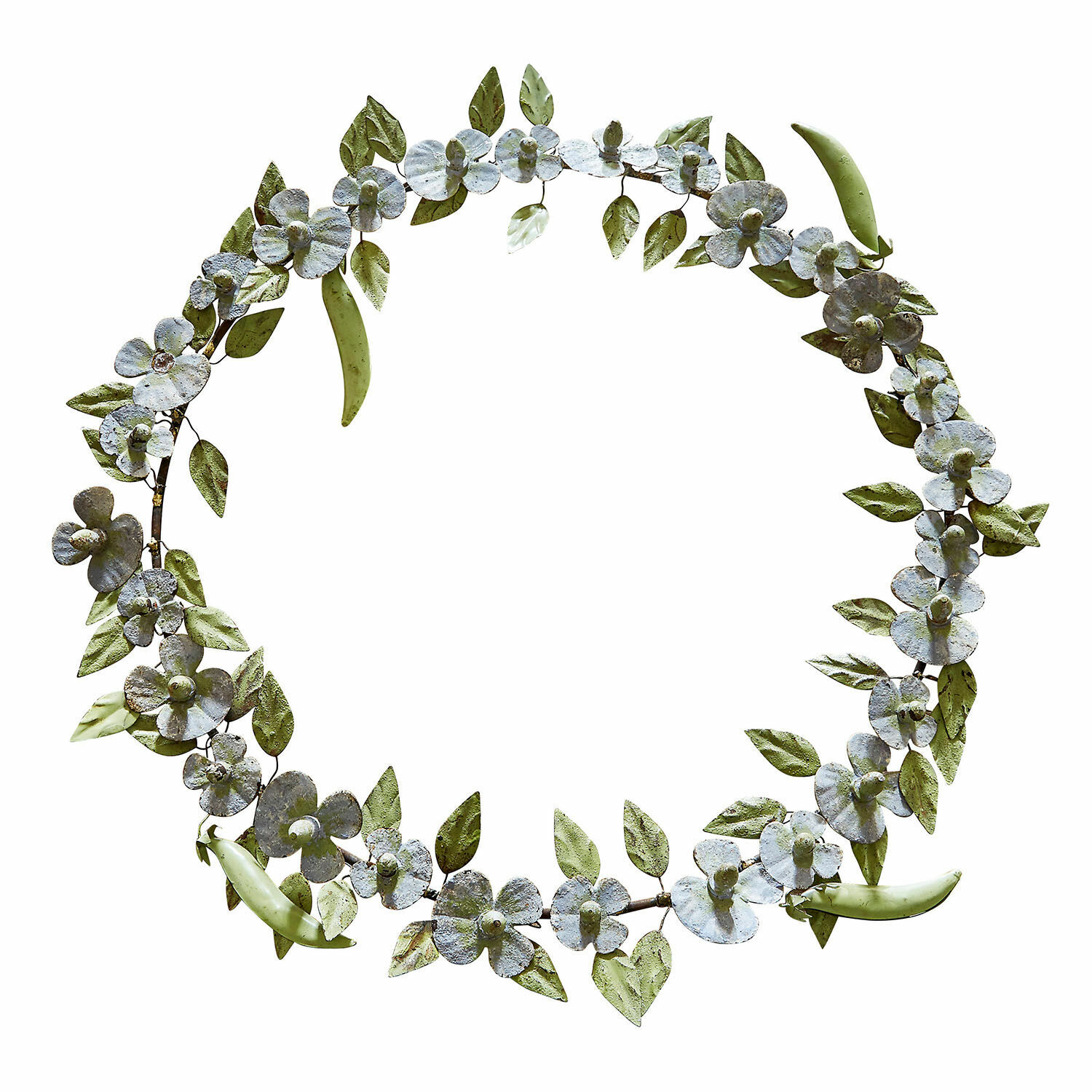 Krans Cecilia Decoratieve metalen krans met groene bladeren en witte bloemen voor binnen en tuin