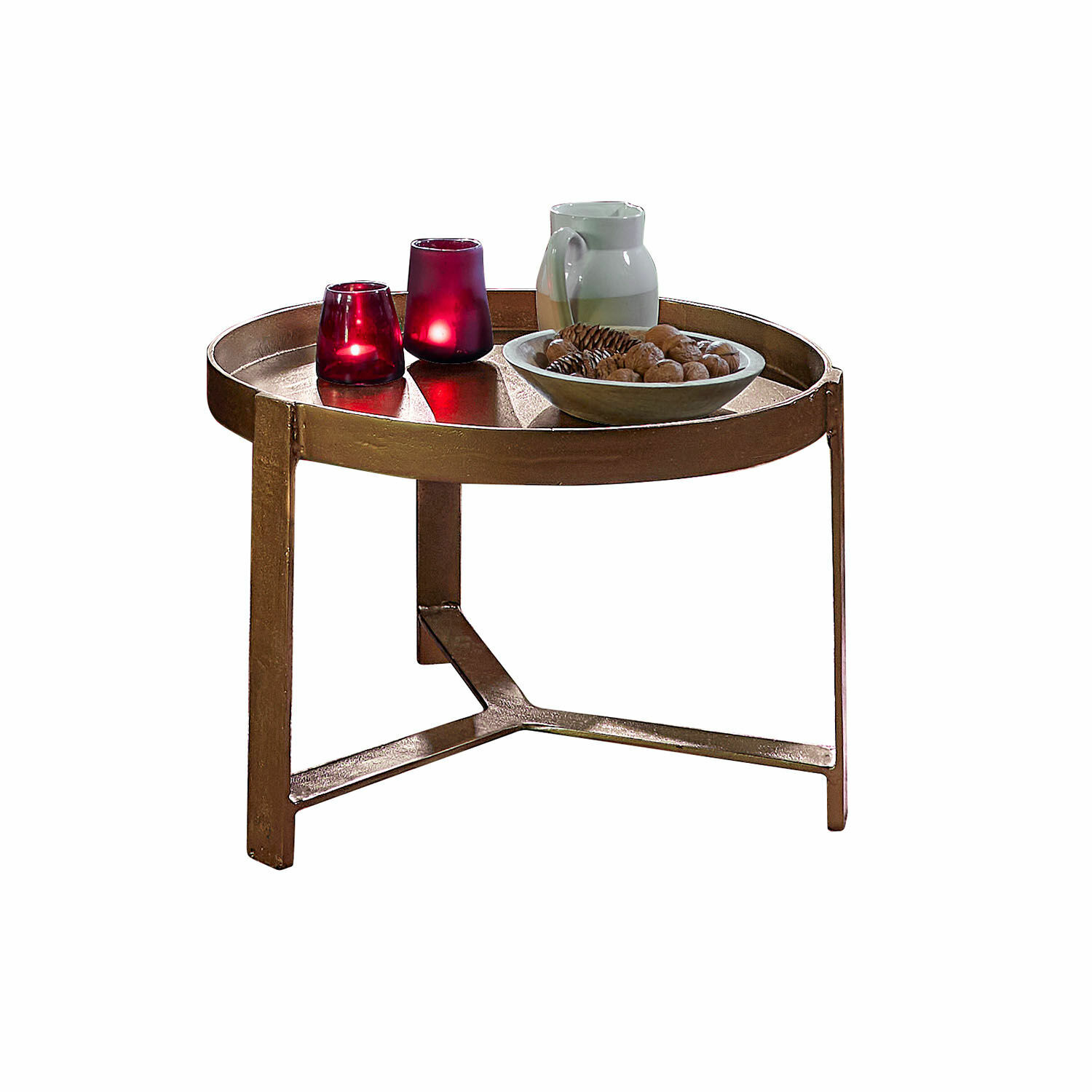 Table basse Mirouette Table basse ronde en métal couleur cuivre avec bougeoirs rouges et pichet blanc décoratif