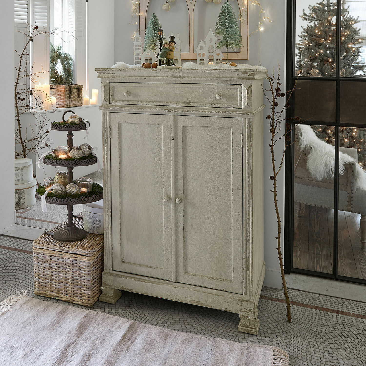 Hoge kast Héloinette Beige houten dressoir met lade en dubbele deuren in vintage stijl voor woonkamer