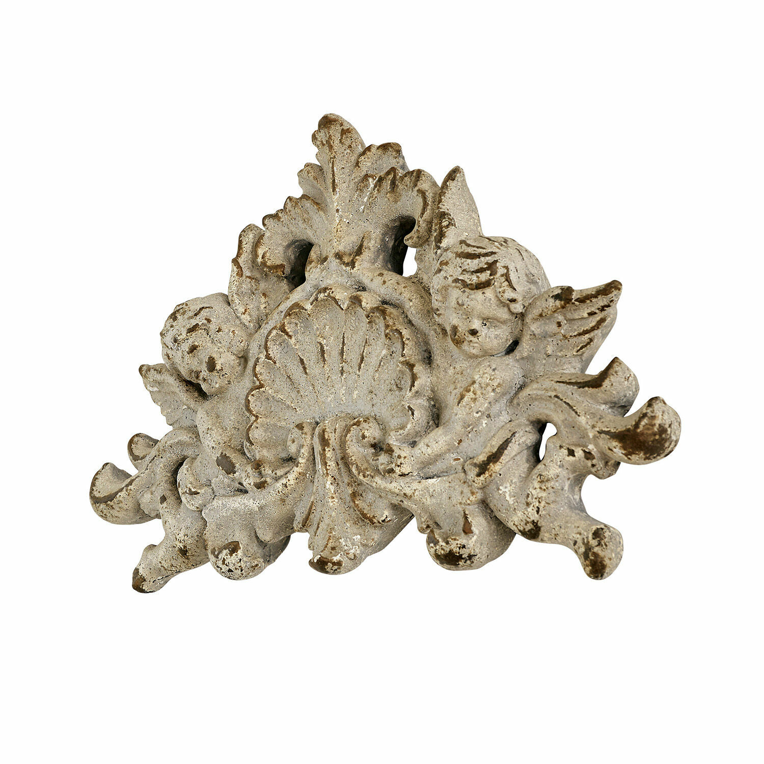 Wandornament Gordian Decoratief ornament van wit verweerd hars met engelen voor vintage interieurdecoratie