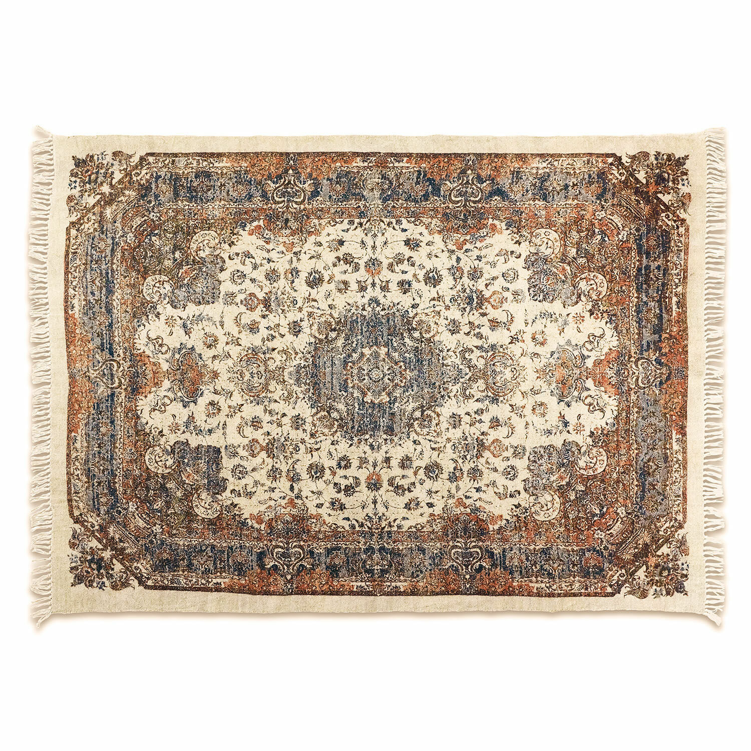 Vloerkleed Aleixo Katoenen vloerkleed met oosters patroon in crème, blauw en bruin met decoratieve franjes