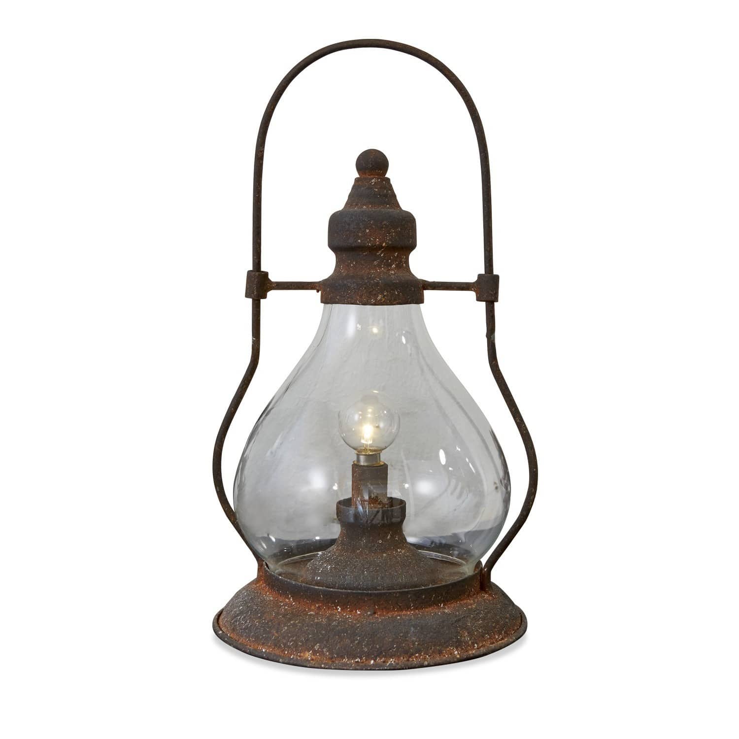 Ledlantaarn Cortney Rustieke metalen lantaarn met doorzichtige glazen kap en gloeilamp, interieurdecoratie