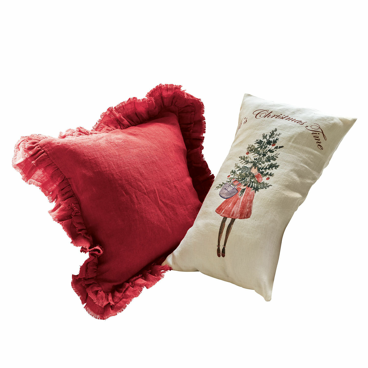 Lot de 2 housses de coussins Christmas Time Ensemble de deux coussins décoratifs en lin rouge et crème avec motif de Noël