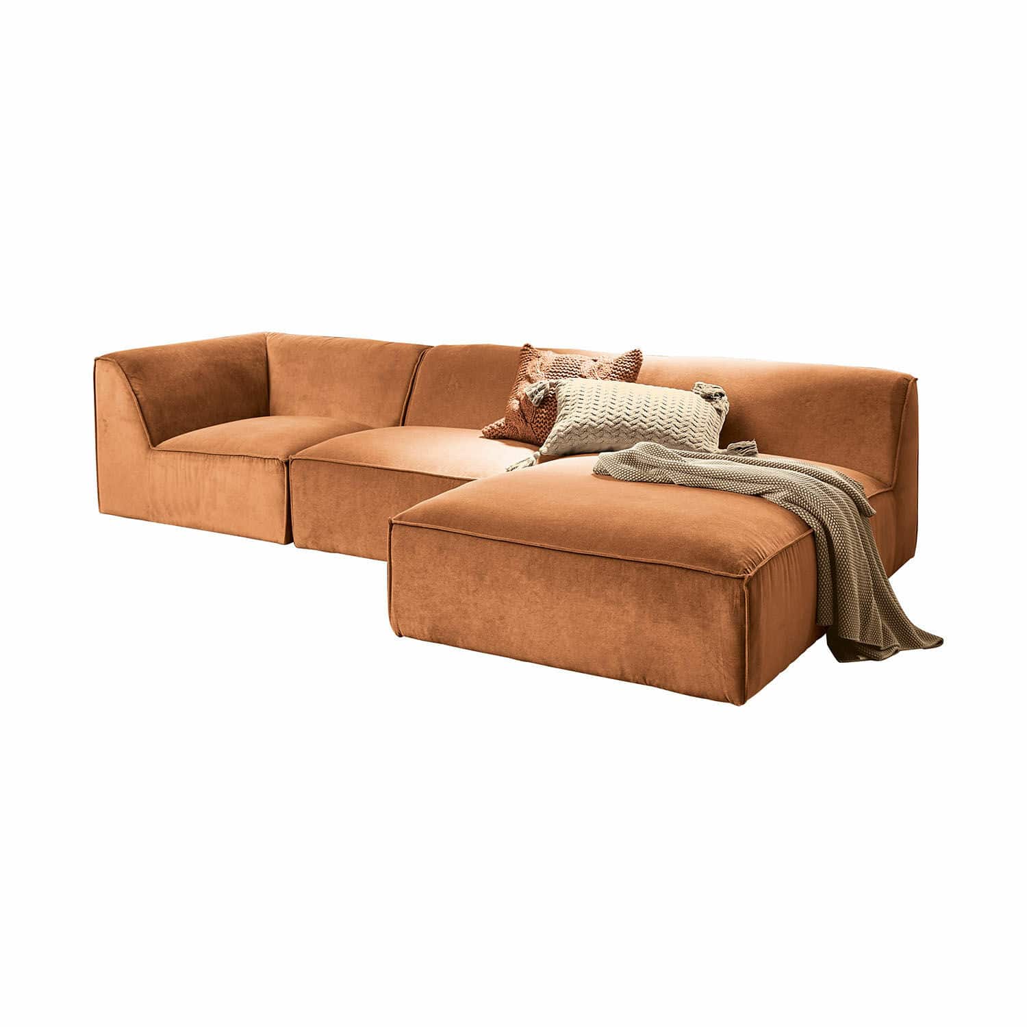 Canapé McLean Canapé modulaire marron en tissu doux avec coussins et plaid pour salon moderne