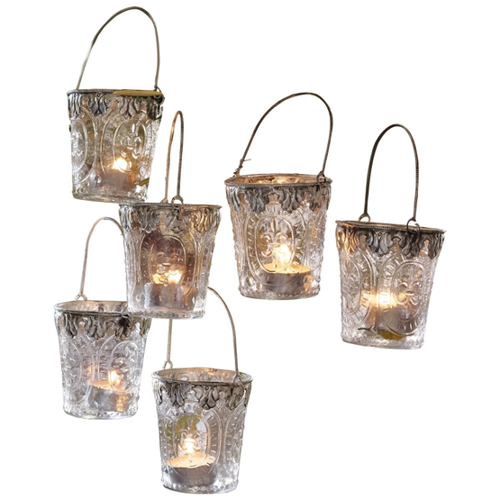 Lot De 6 Photophores Loberon Fajolle - Gris Et Doré | Verre Peint à La Main | Décoration Shabby Chic, Ambiance Chaleureuse